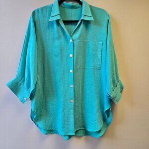 Fridaze Turquoise Linen Button-Up Shirt M Lagenlook Minimalist Casual